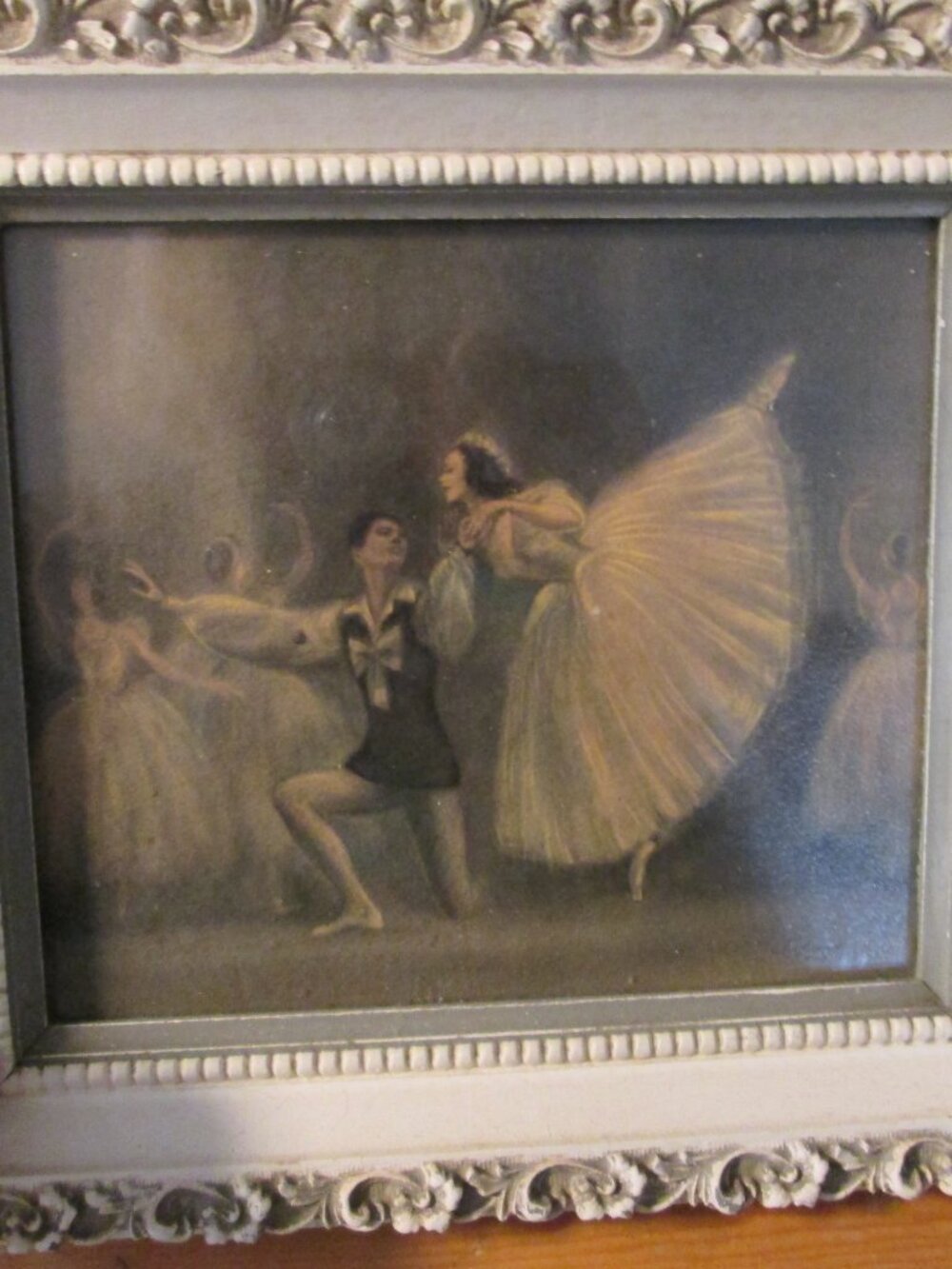 2 Vtg framed Under Glass Ballerina couple signed Sophie white gold wood frames - Picture 9 of 15